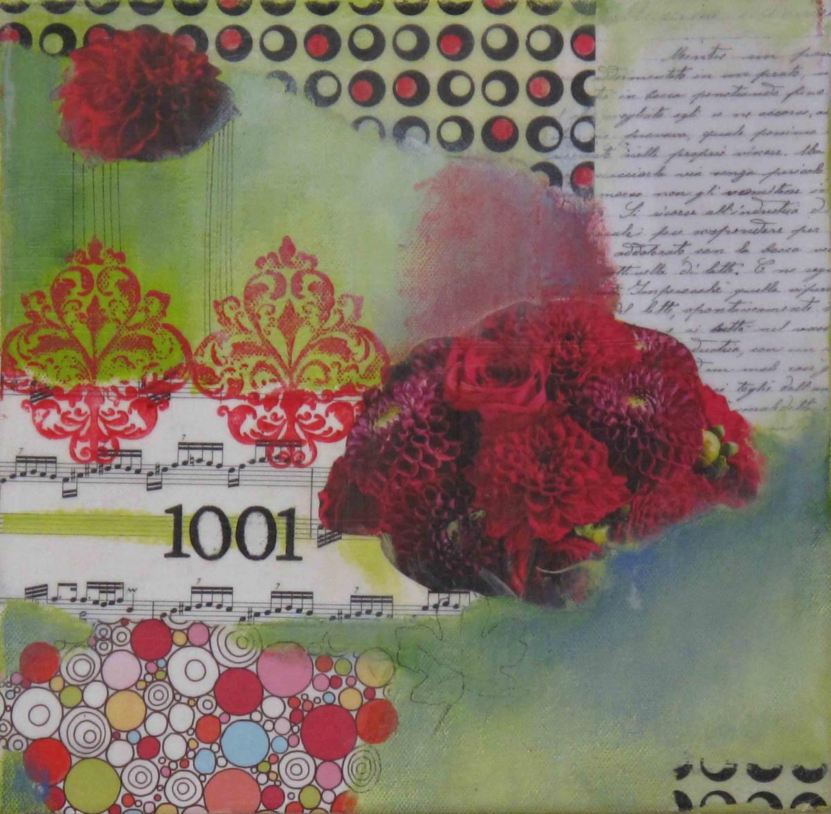 Florales III, 2013, Acryl, Collage, Wachs auf Leinwand, 30 x 30 cm
